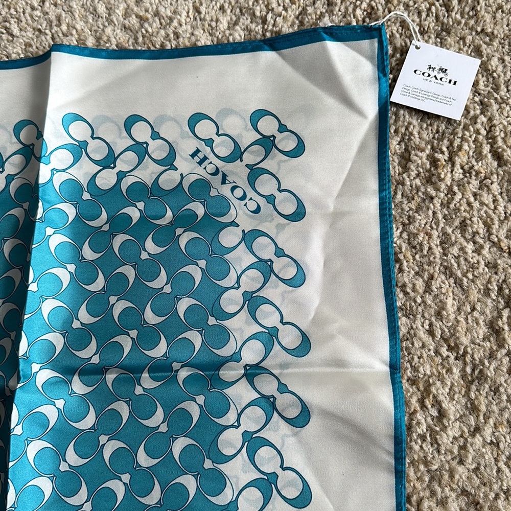 NWT Coach Monogram Silk Square Scarf, Teal/Aqua Blue